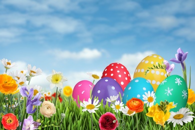 Image of Bright Easter eggs and spring flowers on green grass outdoors