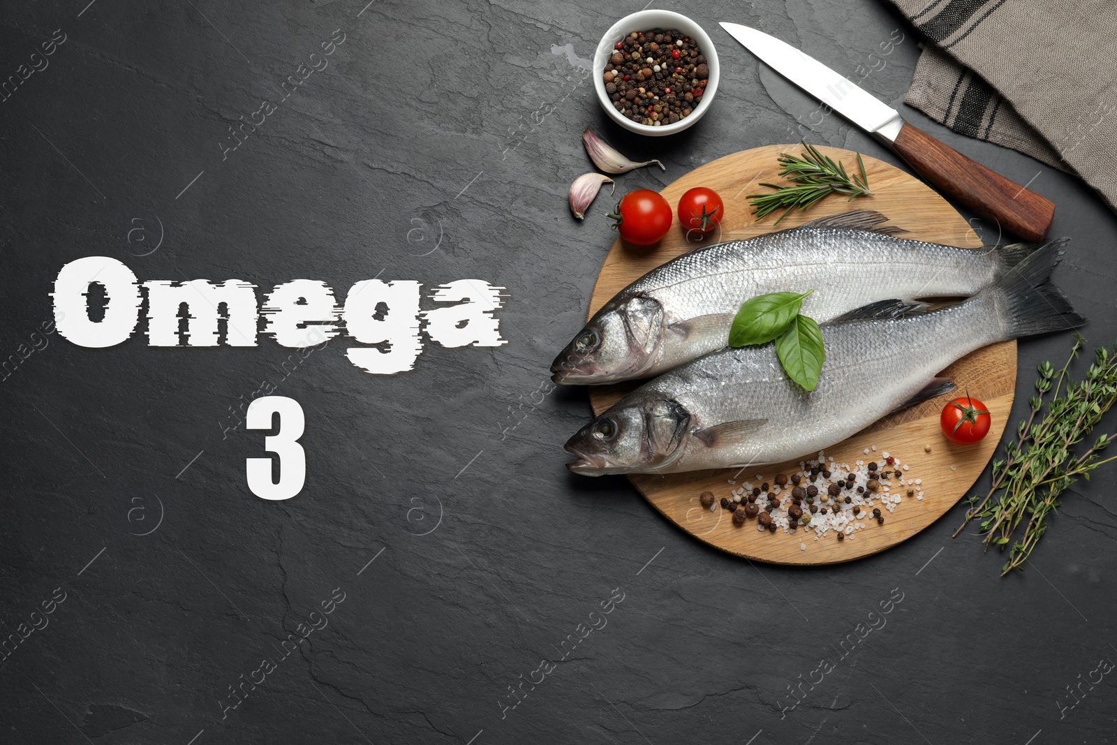 Image of Omega 3. Fresh fish, tomatoes and spices on grey table, flat lay