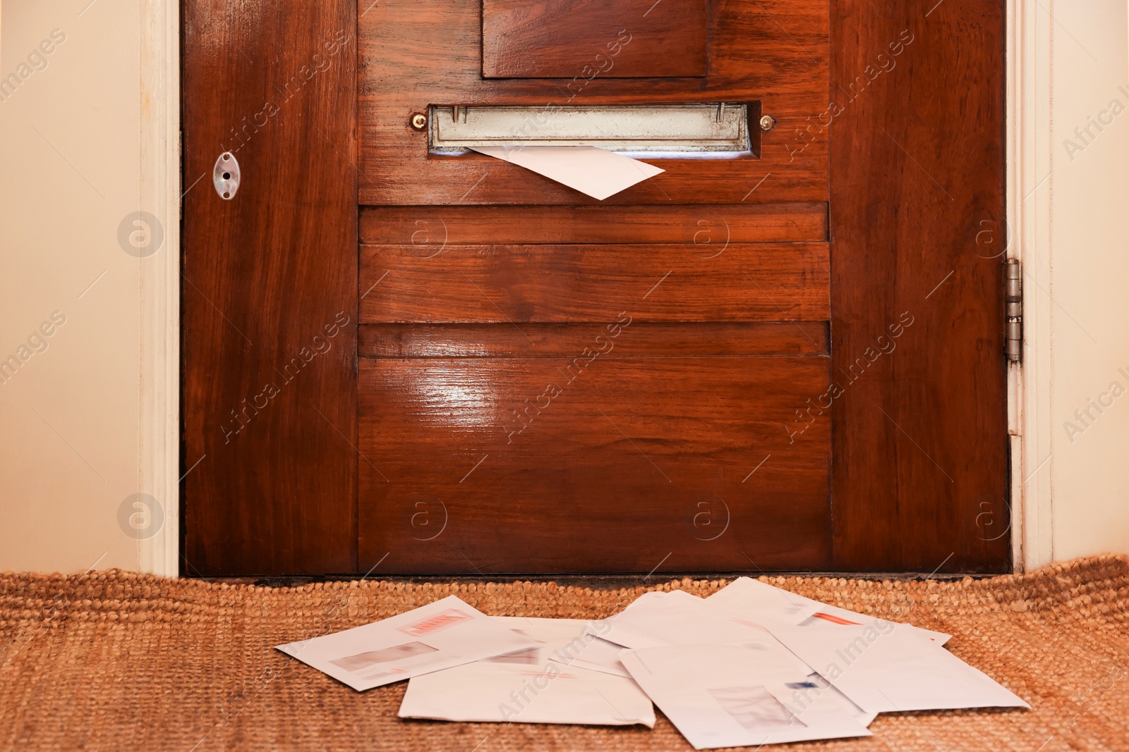 Photo of Wooden door with mail slot and many envelopes indoors