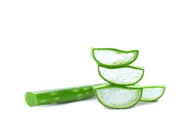 Photo of Aloe vera slices on white background