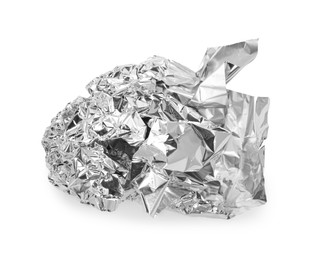 Crumpled piece of aluminum foil isolated on white, top view