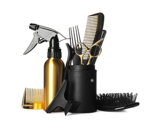 Set of professional hairdresser tools isolated on white