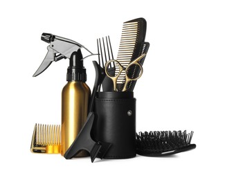 Photo of Set of professional hairdresser tools isolated on white