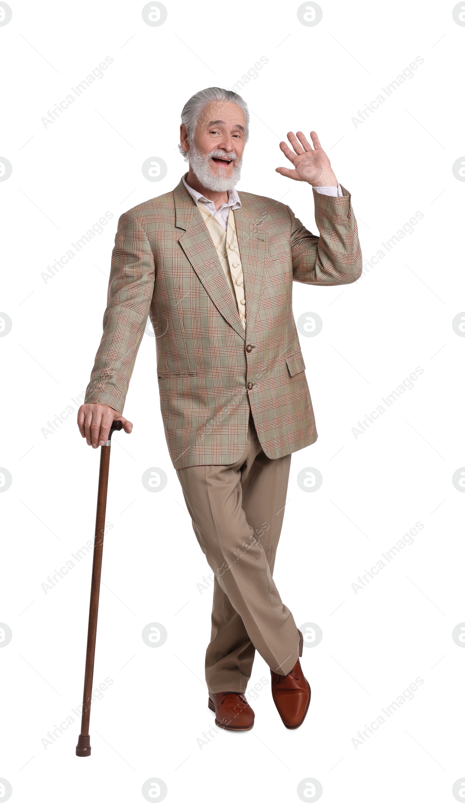 Photo of Senior man with walking cane waving on white background