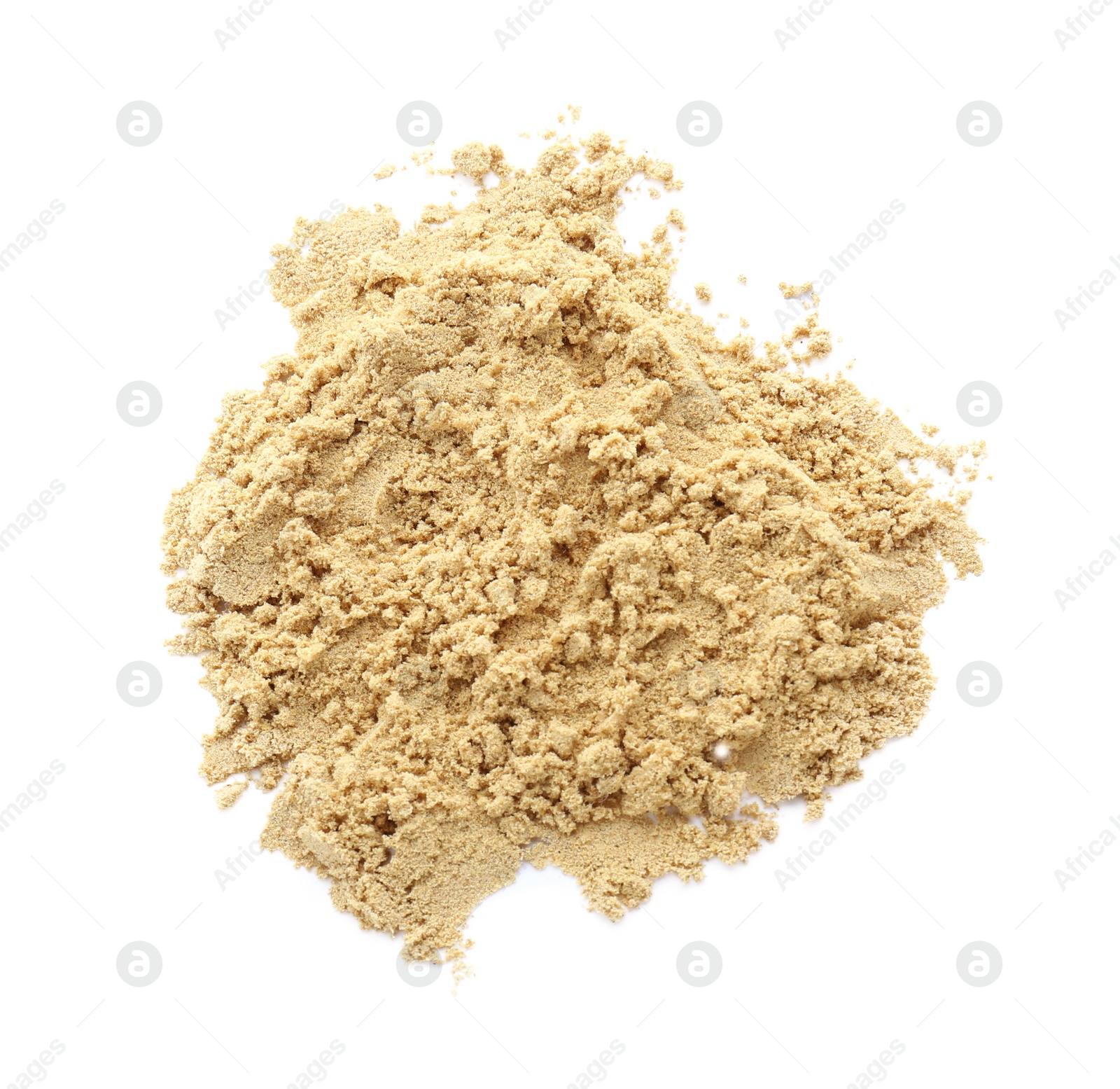 Photo of Heap of aromatic mustard powder on white background, top view