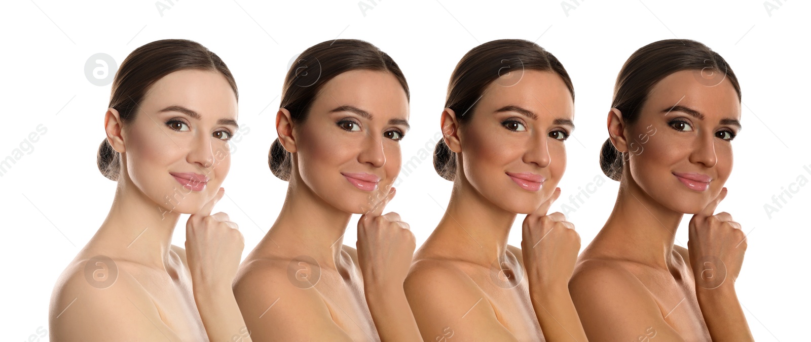 Image of Beautiful young woman on white background, banner design. Collage with photos showing stages of suntanning