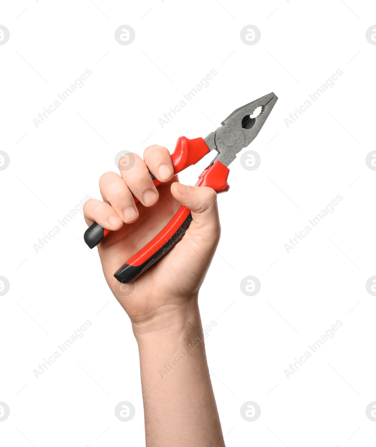 Photo of Man holding pliers isolated on white, closeup