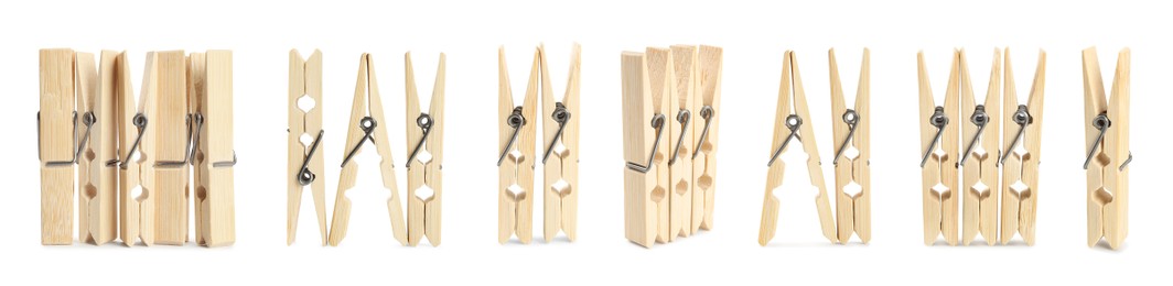 Set with wooden clothespins on white background. Banner design