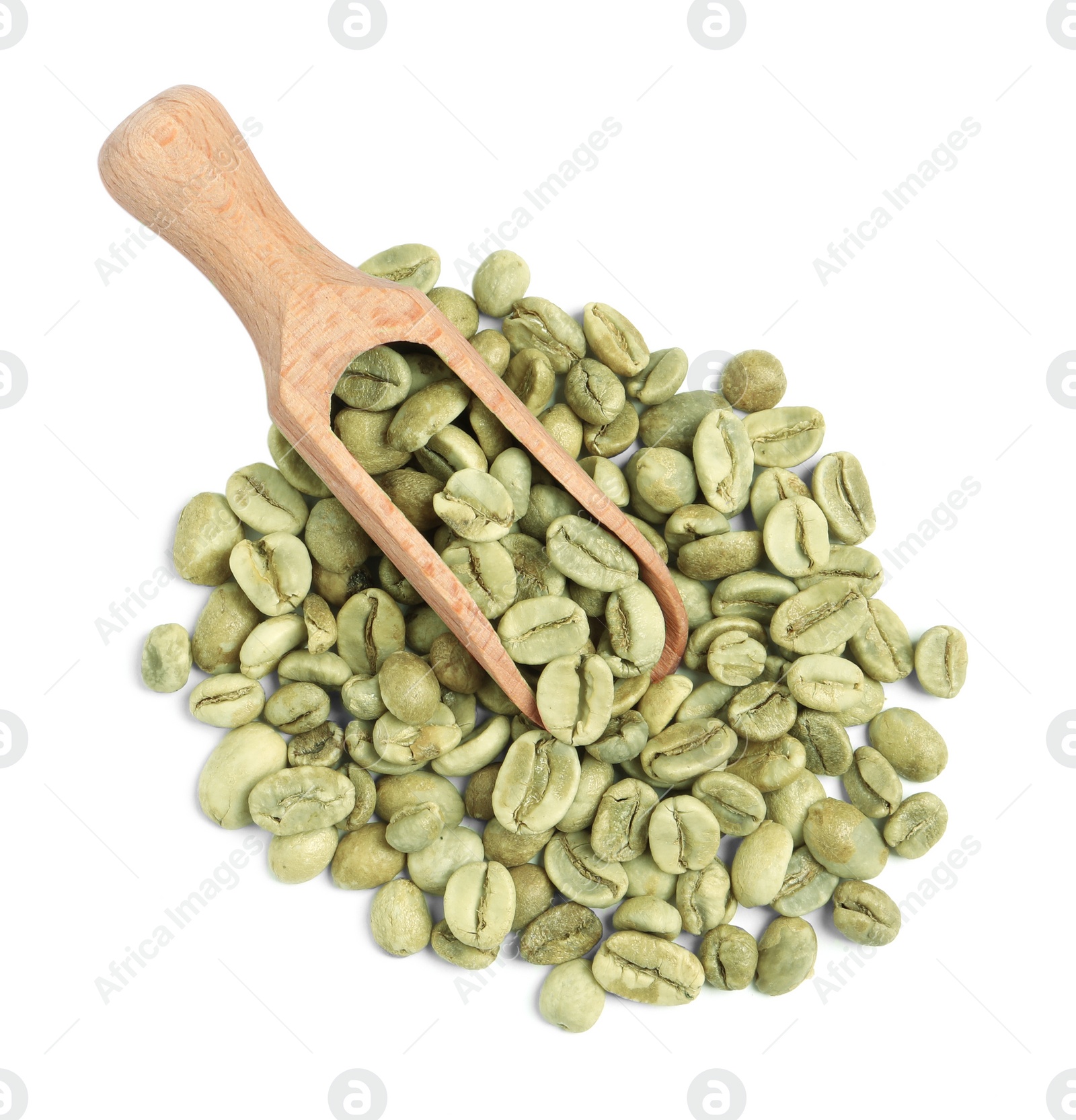 Photo of Wooden scoop with green coffee beans on white background, top view