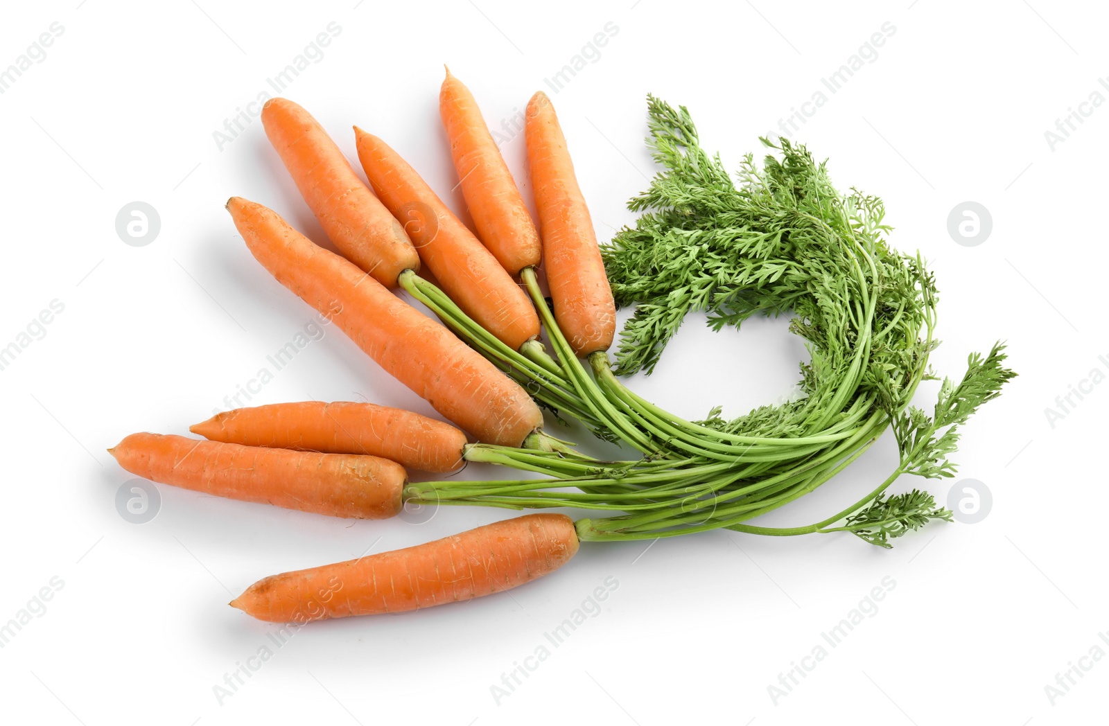 Photo of Ripe carrots on white background. Healthy diet