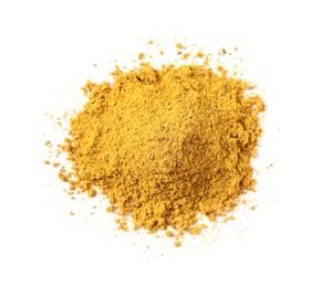 Photo of Pile of dry curry powder isolated on white, top view