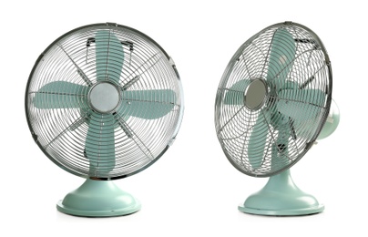 Image of Fan on white background, collage with views from different sides