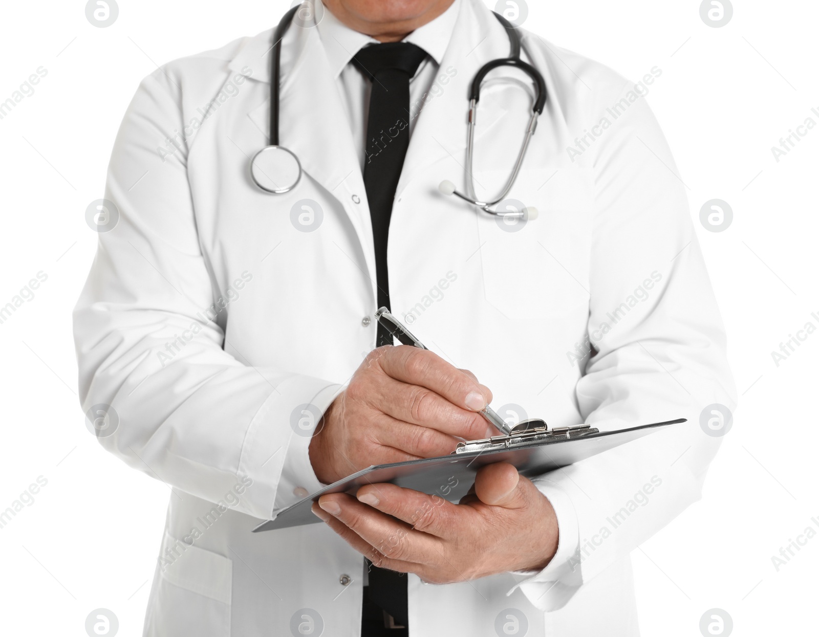 Photo of Male doctor with stethoscope and clipboard isolated on white, closeup. Medical staff