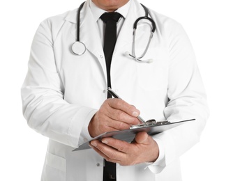 Photo of Male doctor with stethoscope and clipboard isolated on white, closeup. Medical staff