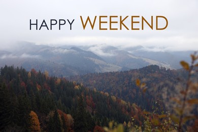 Image of Happy Weekend. Beautiful mountain landscape with forest on foggy autumn day