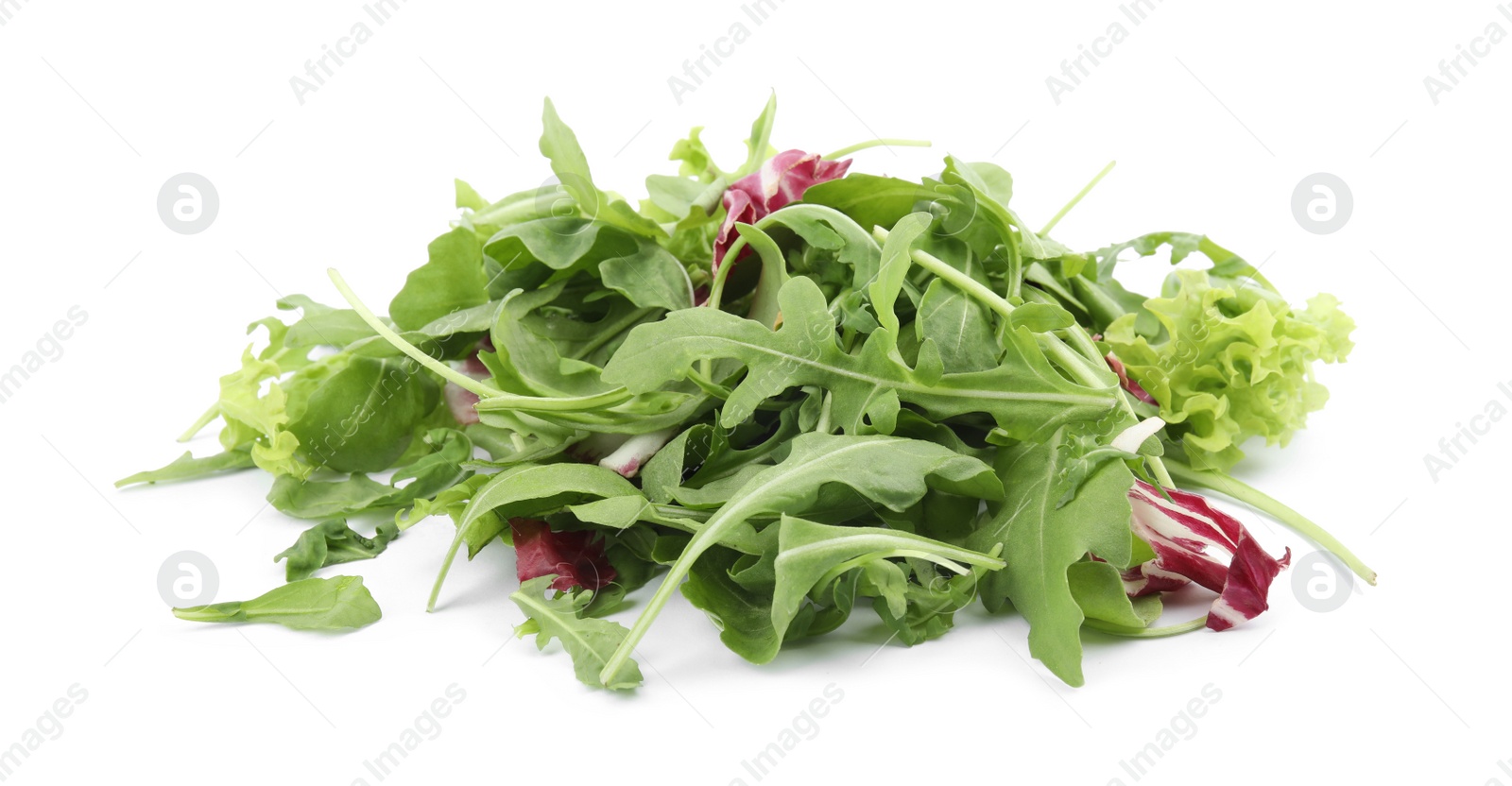 Photo of Heap of fresh salad greens on white background