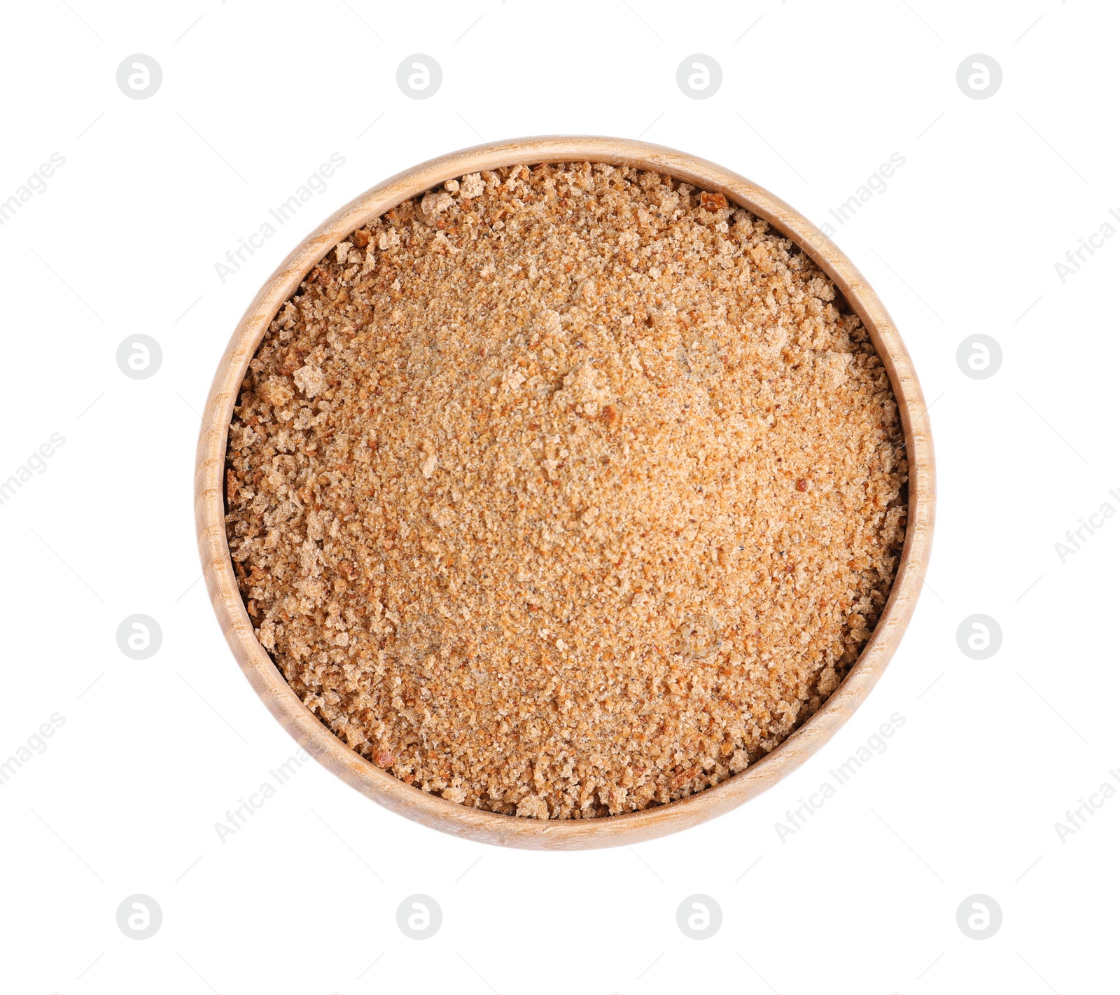 Photo of Fresh bread crumbs in wooden bowl isolated on white, top view