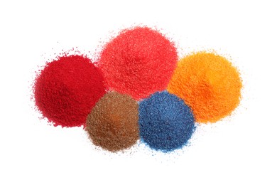 Different bright food coloring on white background, top view