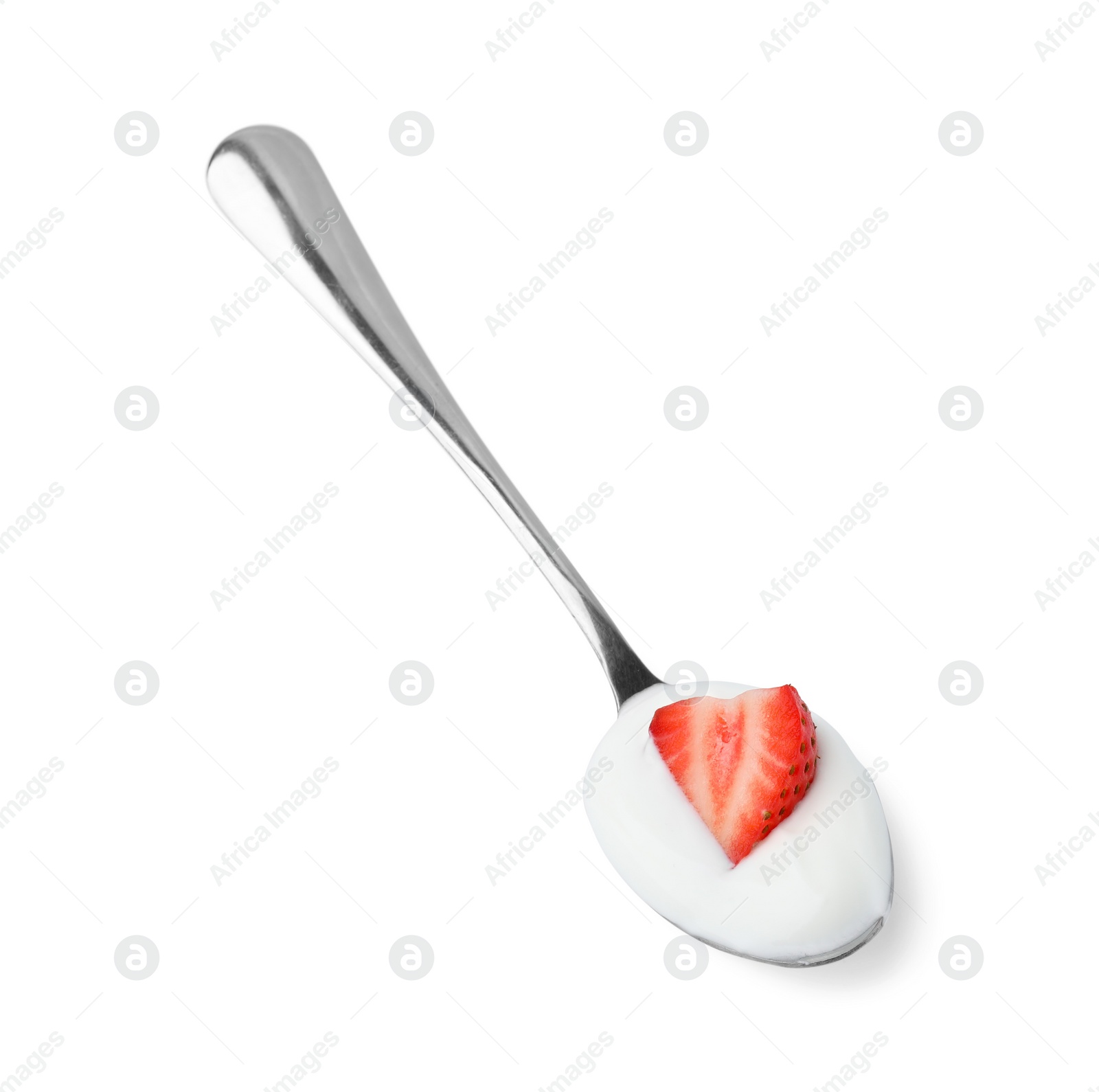 Photo of Delicious natural yogurt with fresh strawberry in spoon isolated on white