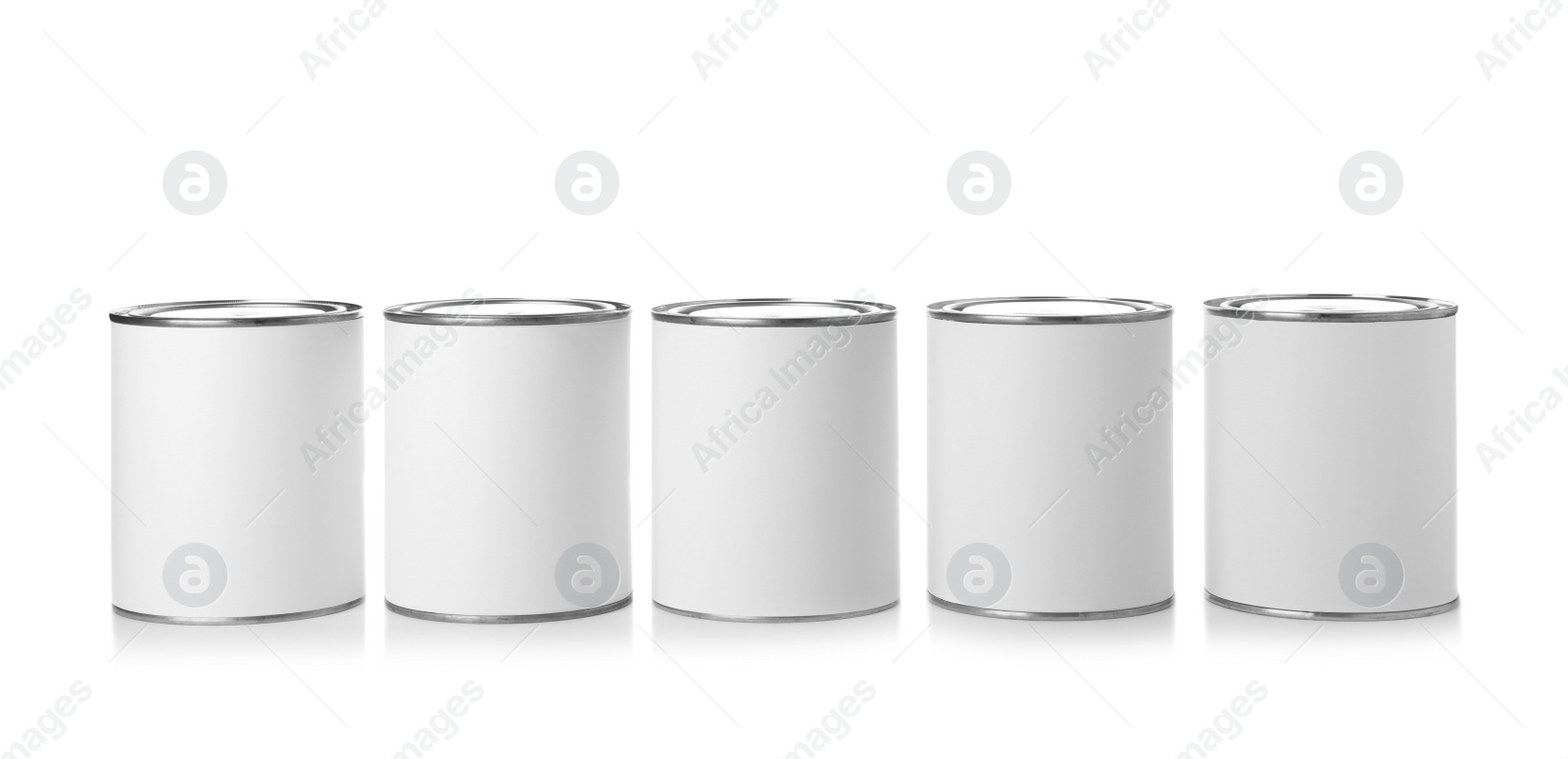 Photo of Paint cans on white background. Mockup for design