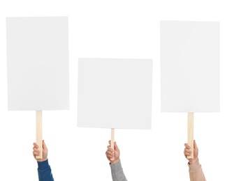 Image of Group of men holding blank protest signs on white background, closeup