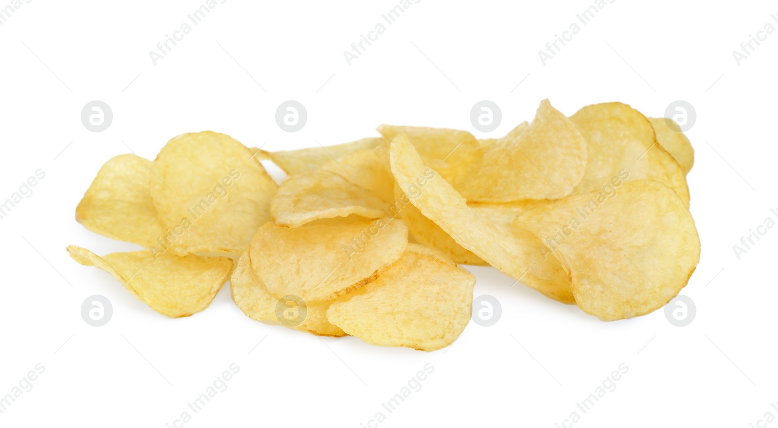 Photo of Heap of delicious potato chips on white background