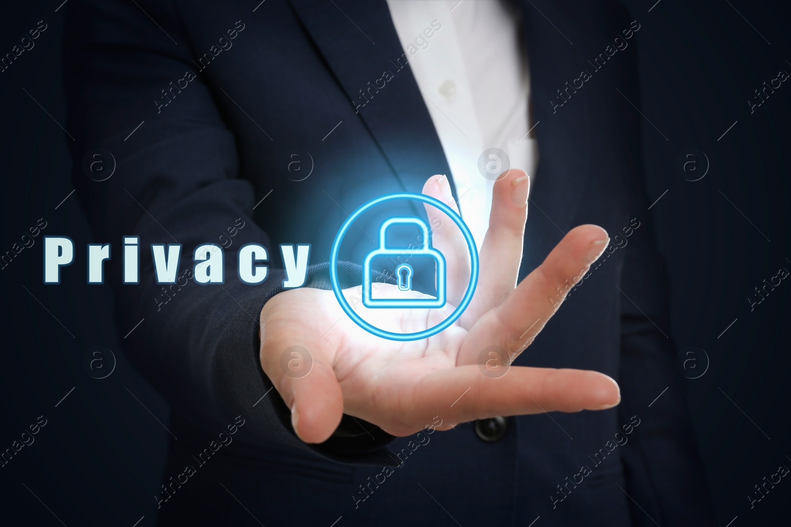 Image of Privacy policy. Businesswoman holding button with padlock against dark background, closeup