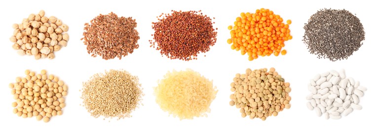 Image of Set with different legumes, grains and seeds on white background, top view. Vegan diet