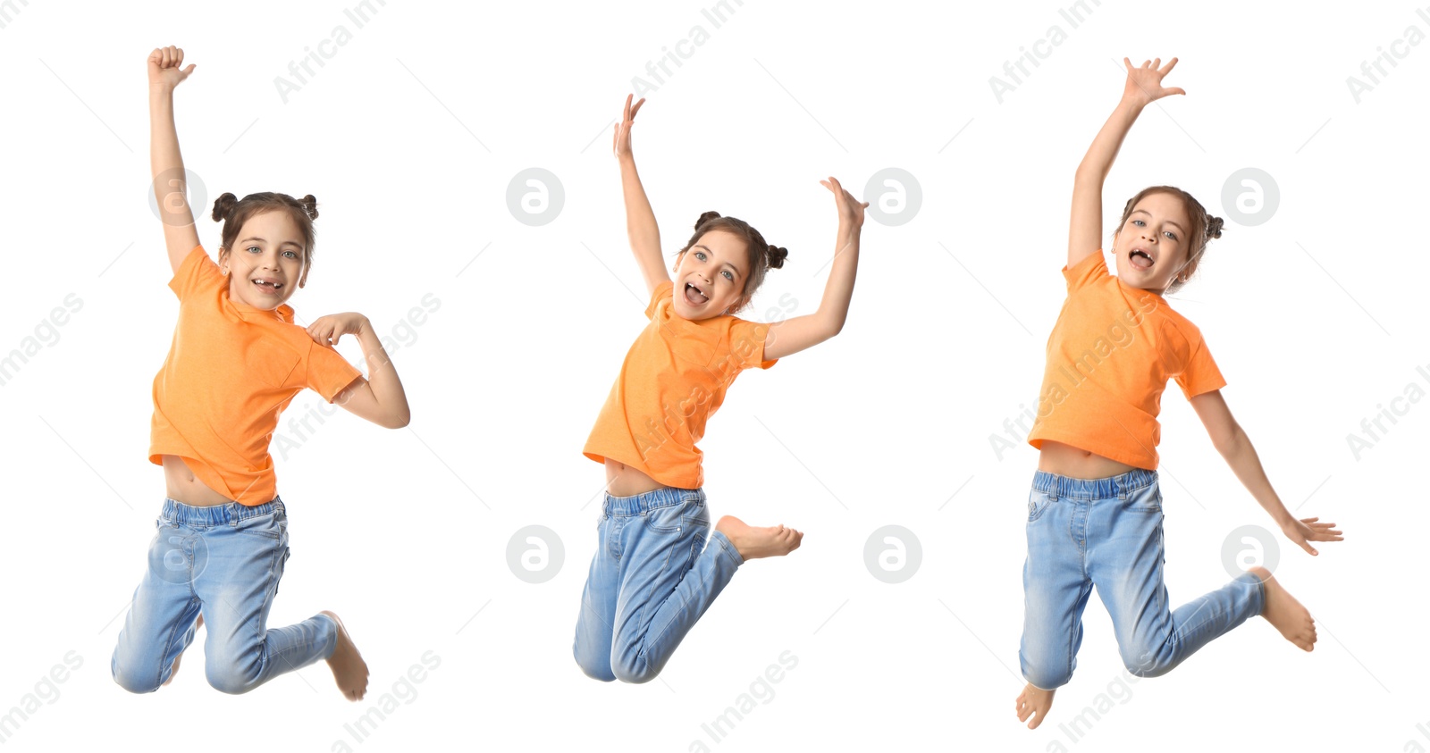 Image of Cute little girl jumping on white background, collage. Banner design