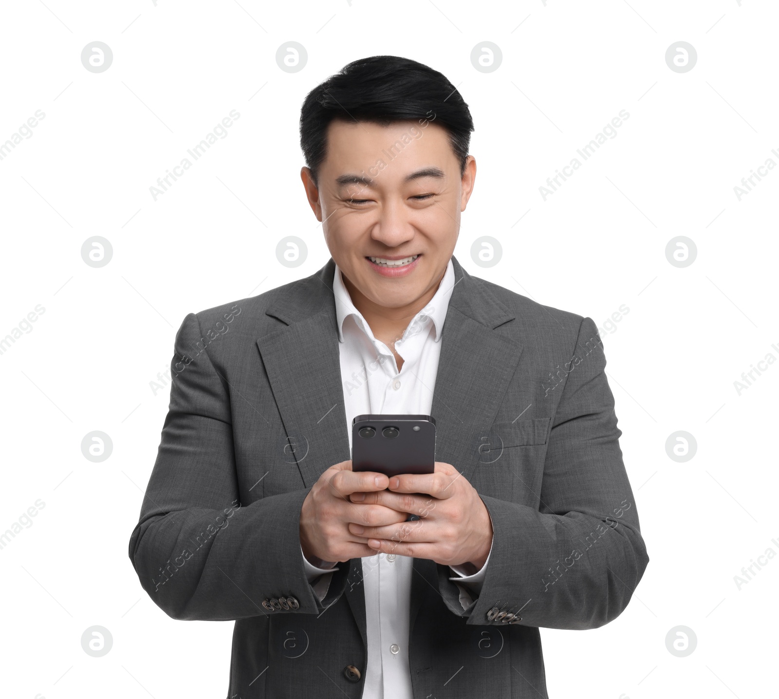 Photo of Businessman in suit using smartphone on white background