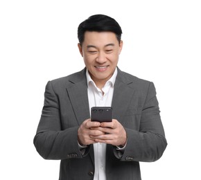 Businessman in suit using smartphone on white background