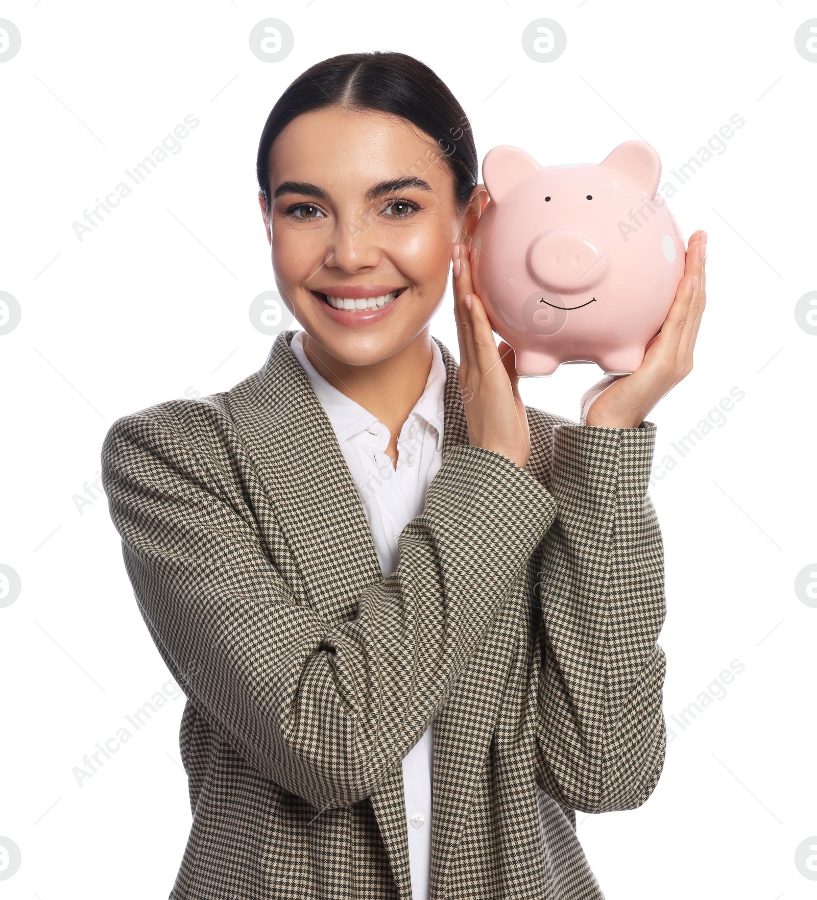 Photo of Happy young businesswoman with piggy bank on white background
