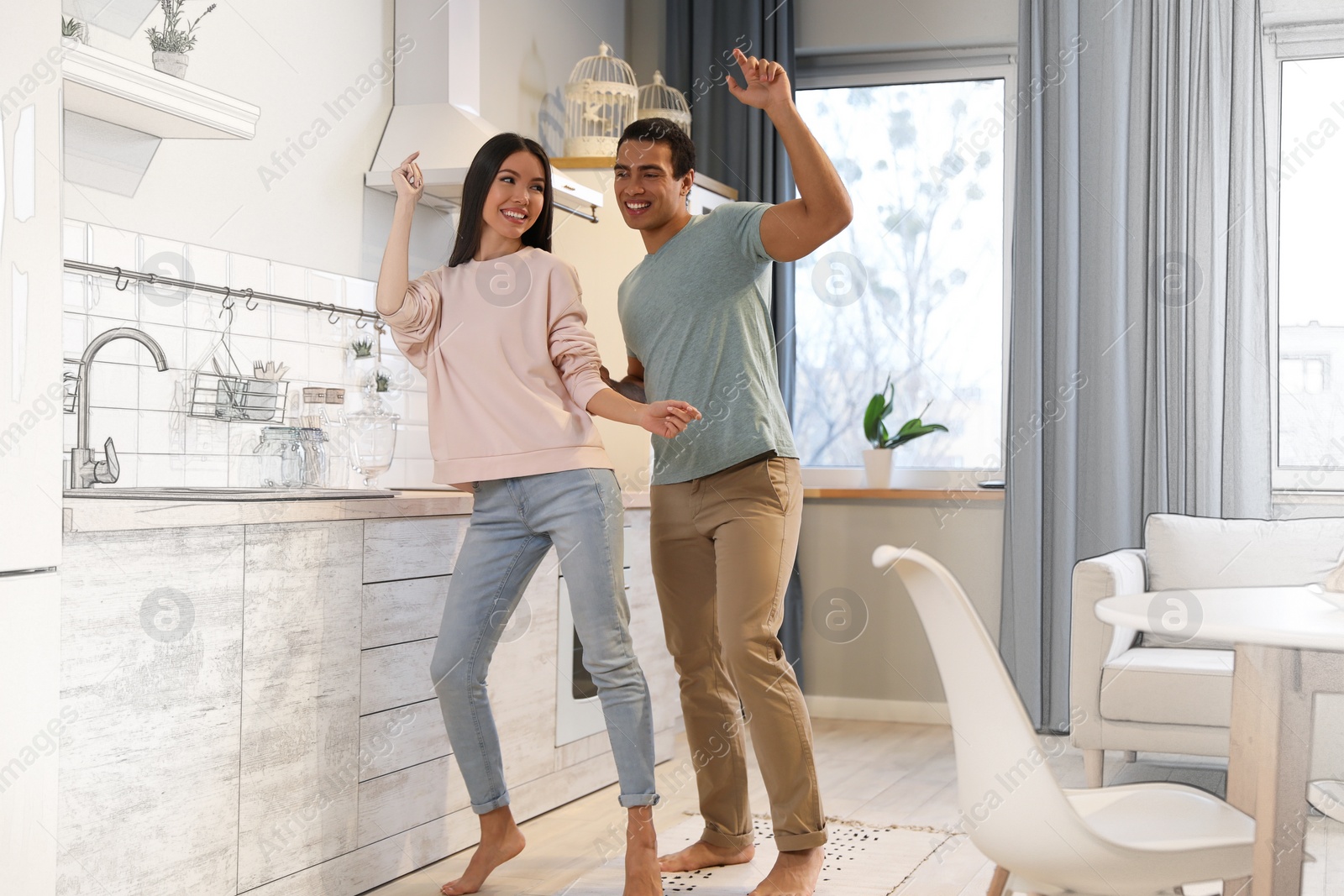 Image of Lovely young interracial couple dancing in their new house 