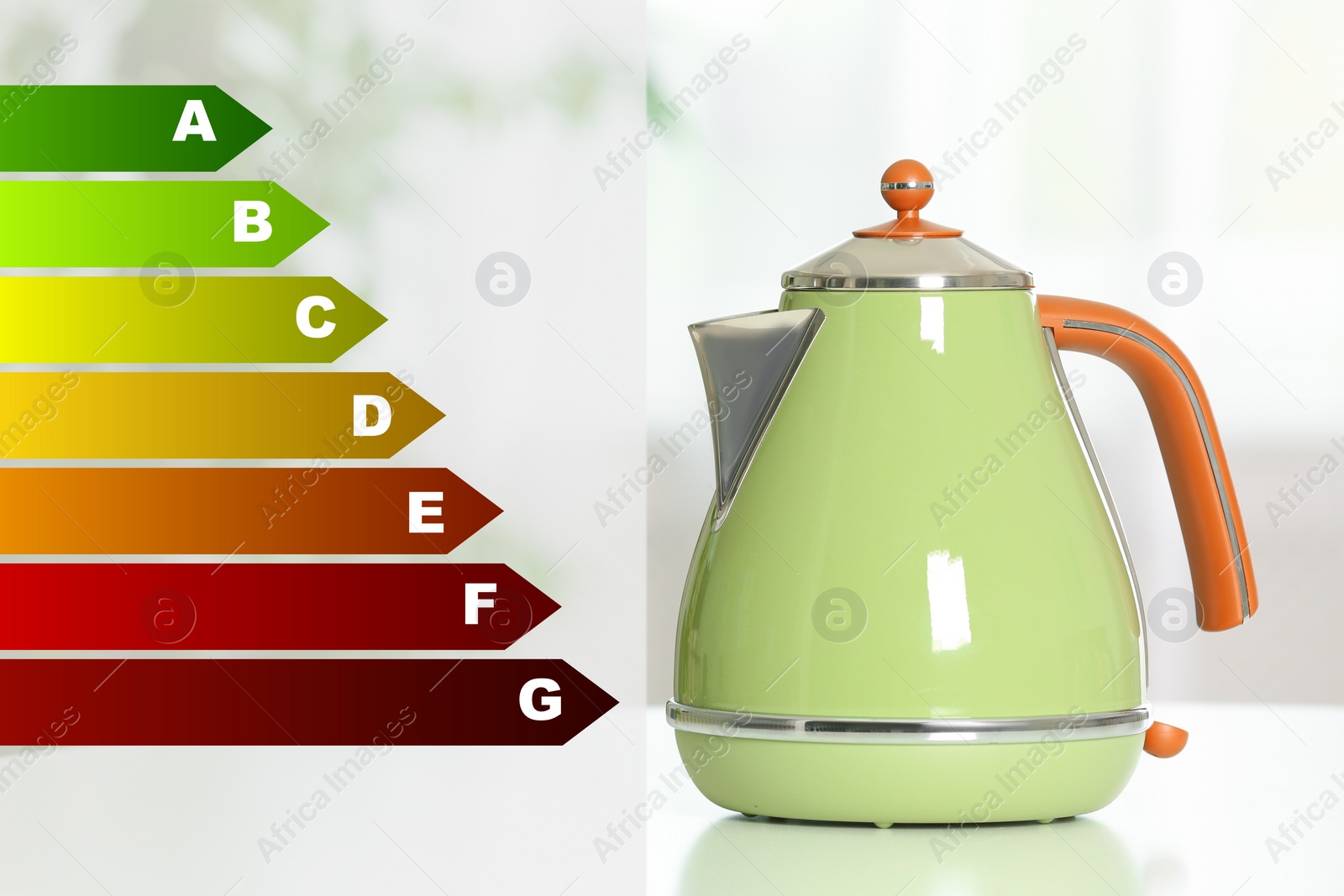 Image of Energy efficiency rating label and electric kettle indoors