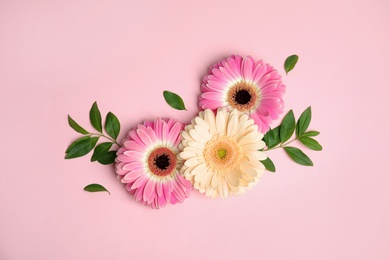 Photo of Flat lay composition with beautiful bright gerbera flowers on color background