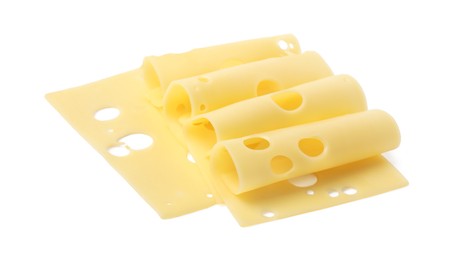 Slices of tasty fresh cheese isolated on white