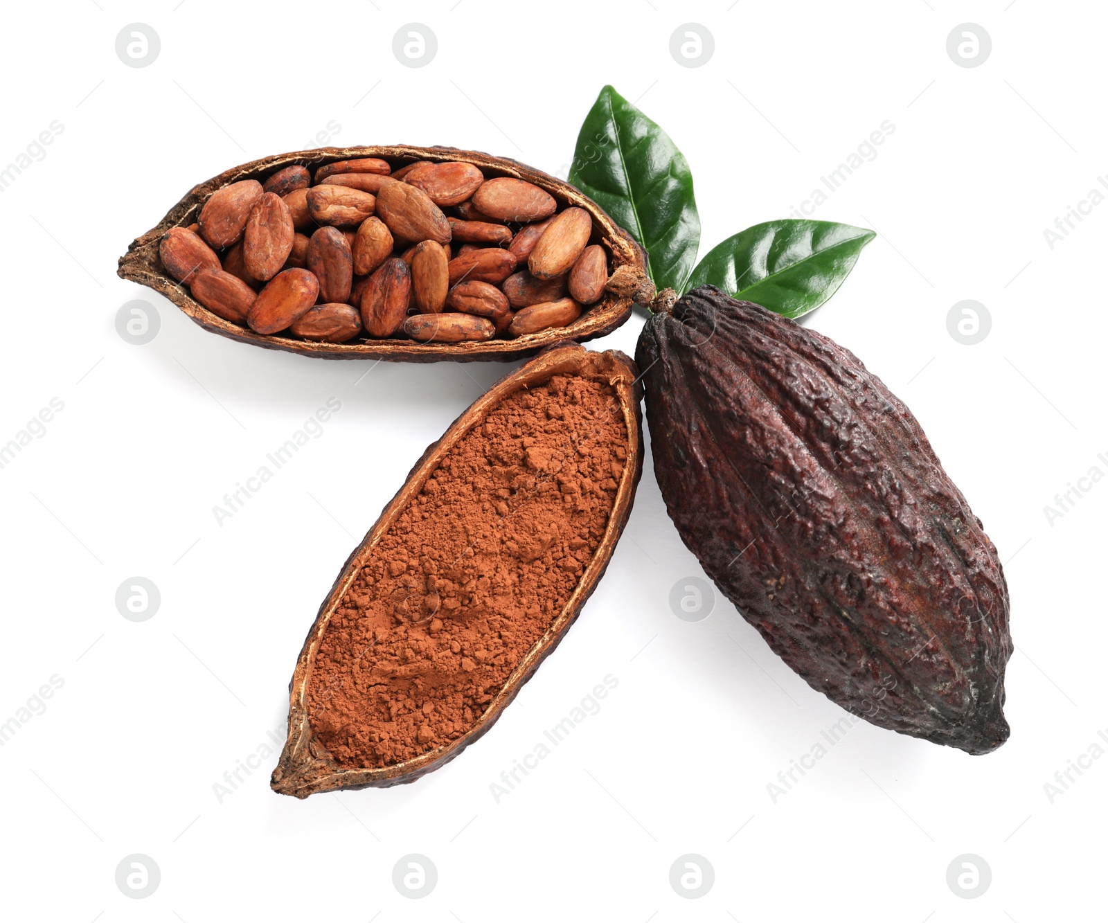 Photo of Composition with cocoa products on white background, top view