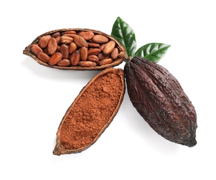 Photo of Composition with cocoa products on white background, top view