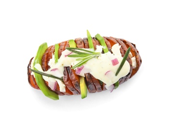 Photo of Stuffed sweet potato on white background, top view