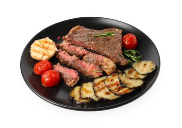 Photo of Delicious grilled beef steak with vegetables and spices isolated on white