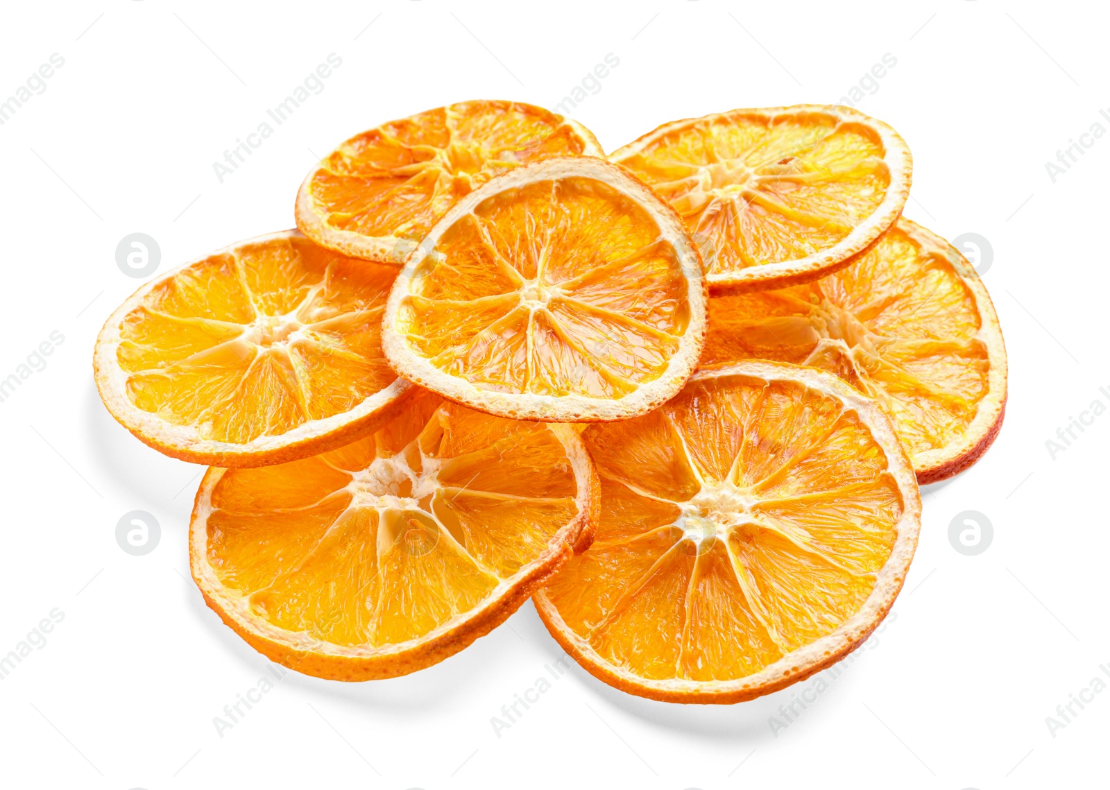 Delicious dry orange slices on white background Photo of Delicious dry orange slices on white background