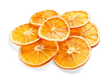 Photo of Delicious dry orange slices on white background