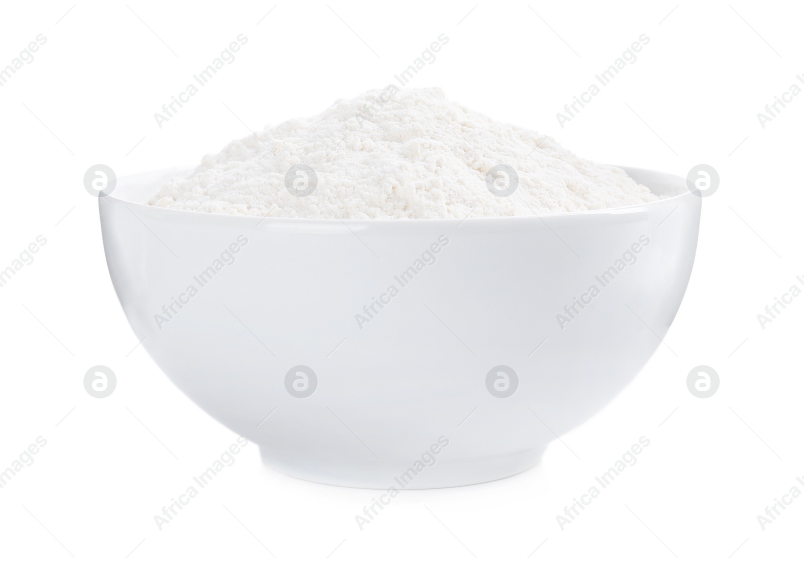 Photo of Organic flour in ceramic bowl isolated on white.