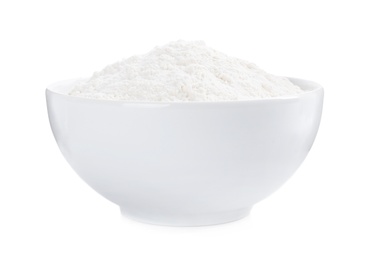 Organic flour in ceramic bowl isolated on white.