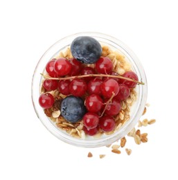 Photo of Delicious yogurt parfait with fresh berries on white background, top view