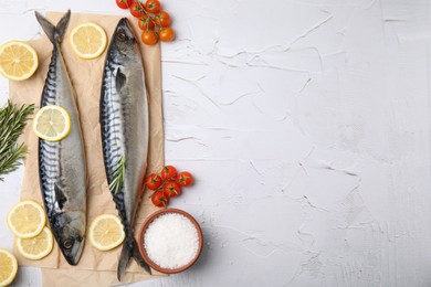 Tasty raw mackerel and ingredients on white textured table, flat lay. Space for text