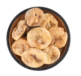 Black wooden plate of dried figs on white background, top view