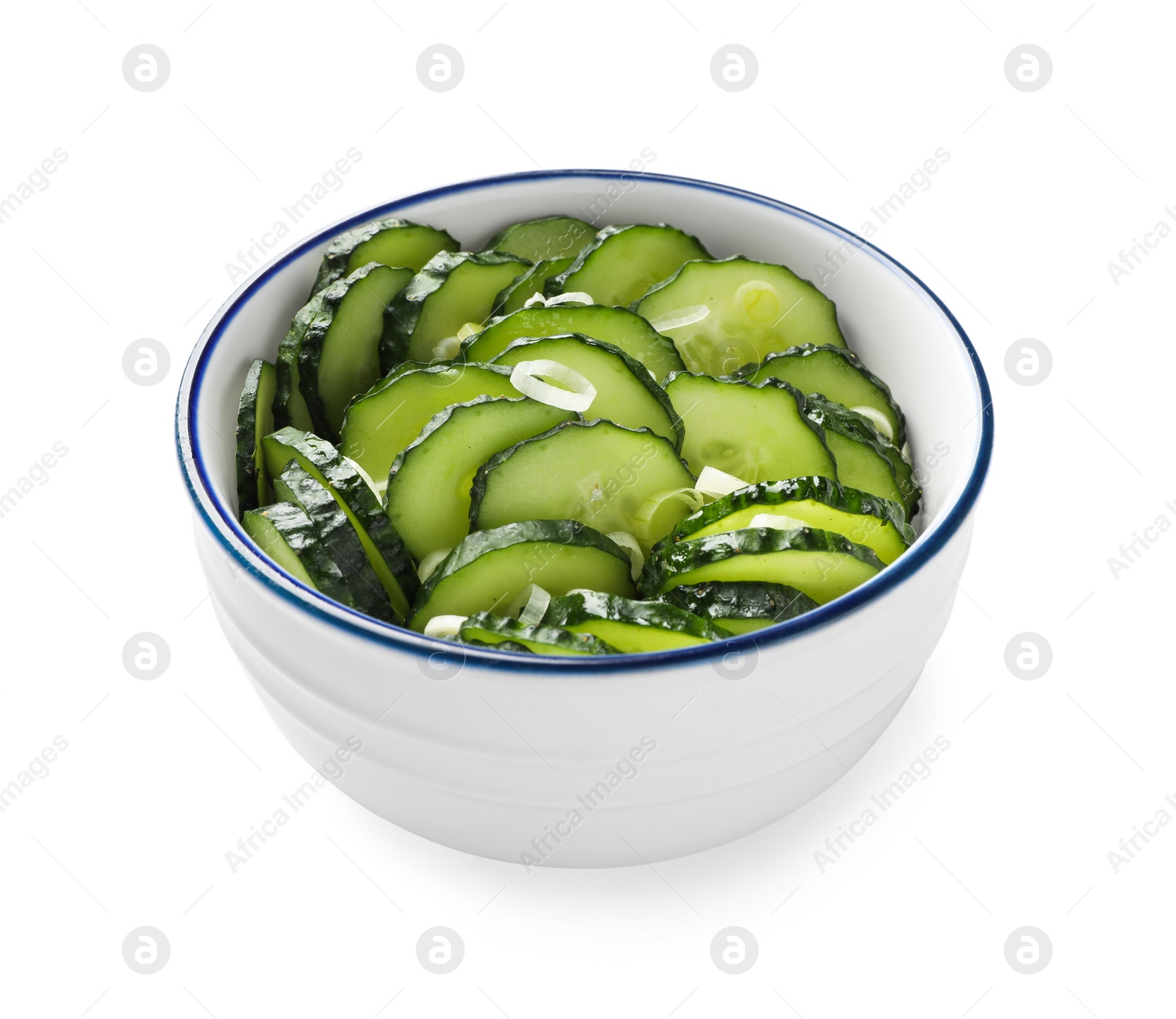 Photo of Appetizing salad with cucumbers and green onion in bowl isolated on white