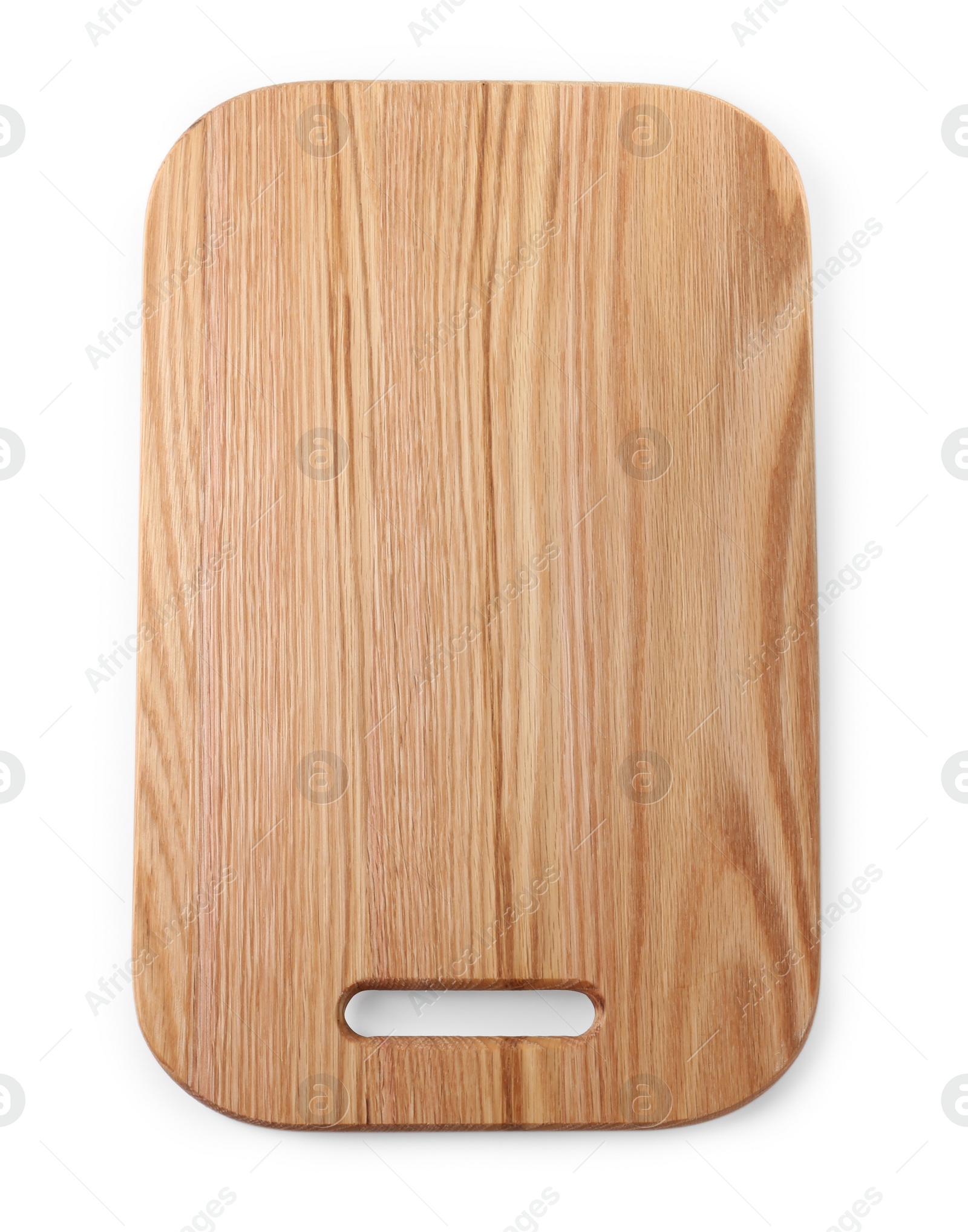 Photo of One wooden cutting board isolated on white, top view