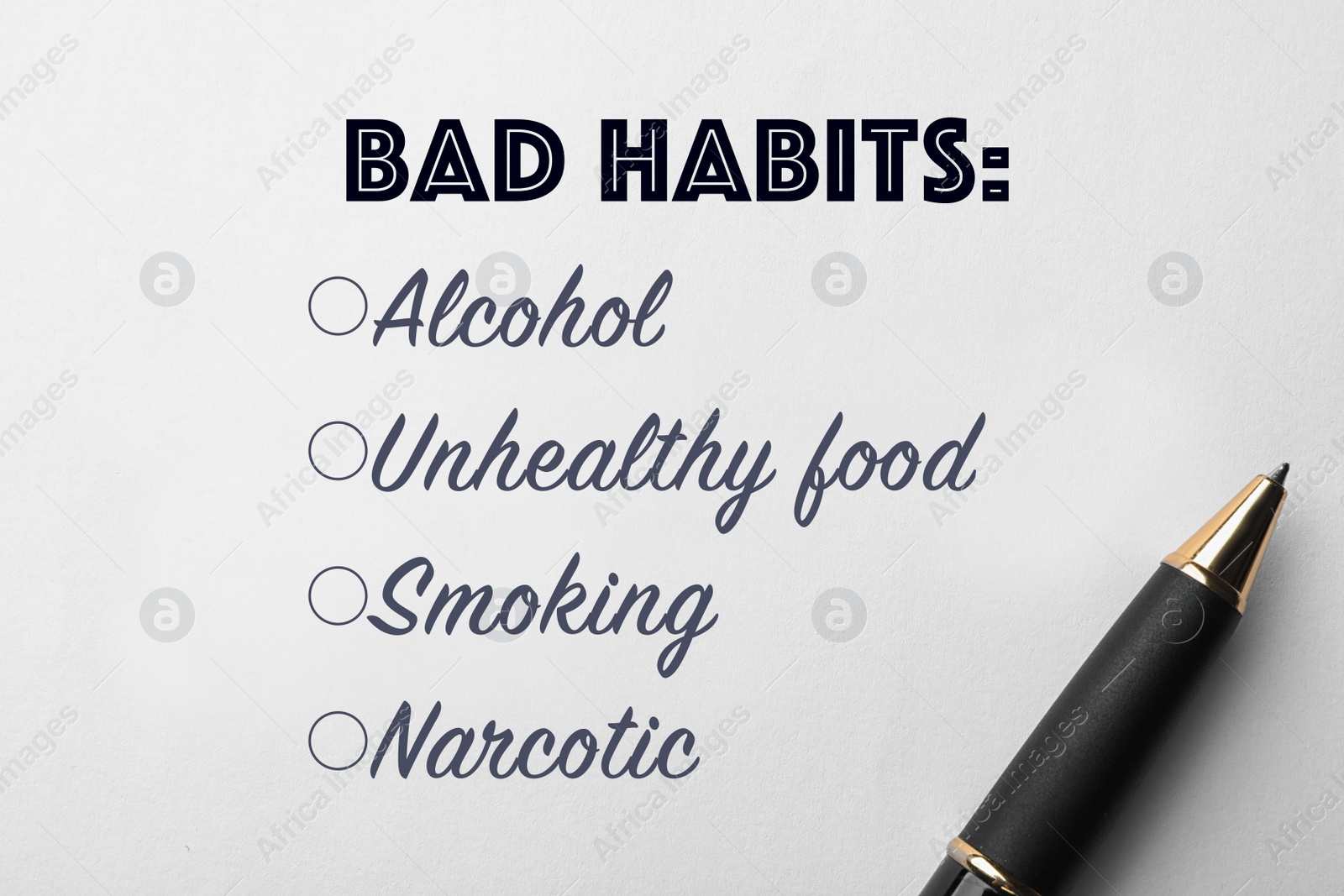 Image of List of bad habits and pen on white paper, top view. Change your lifestyle